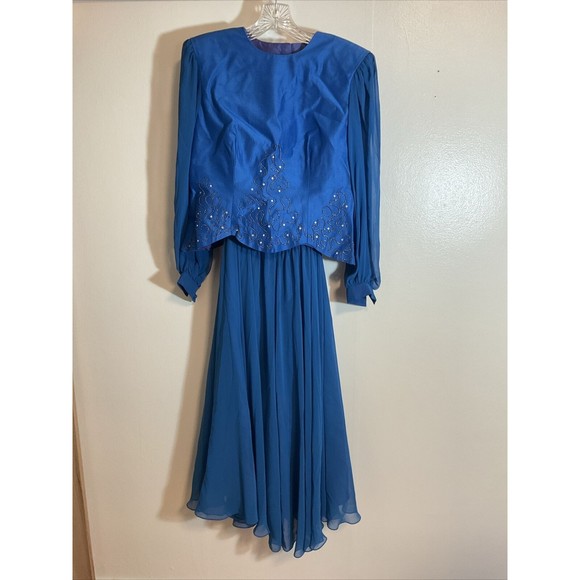 Miss Elliette Women’s 8 Blue Skirt Blazer Combo Vintage Ruffle Evening Swing - Picture 1 of 15